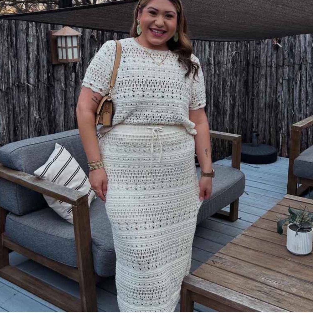 UT XL Cream Openwork Midi Sweater Crochet Knit Scalloped Drawstring Skirt - Picture 5 of 16